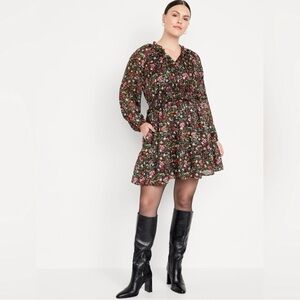OLD NAVY Waist-Defined Shine Mini Dress - Black FLORAL - XL petite NWT